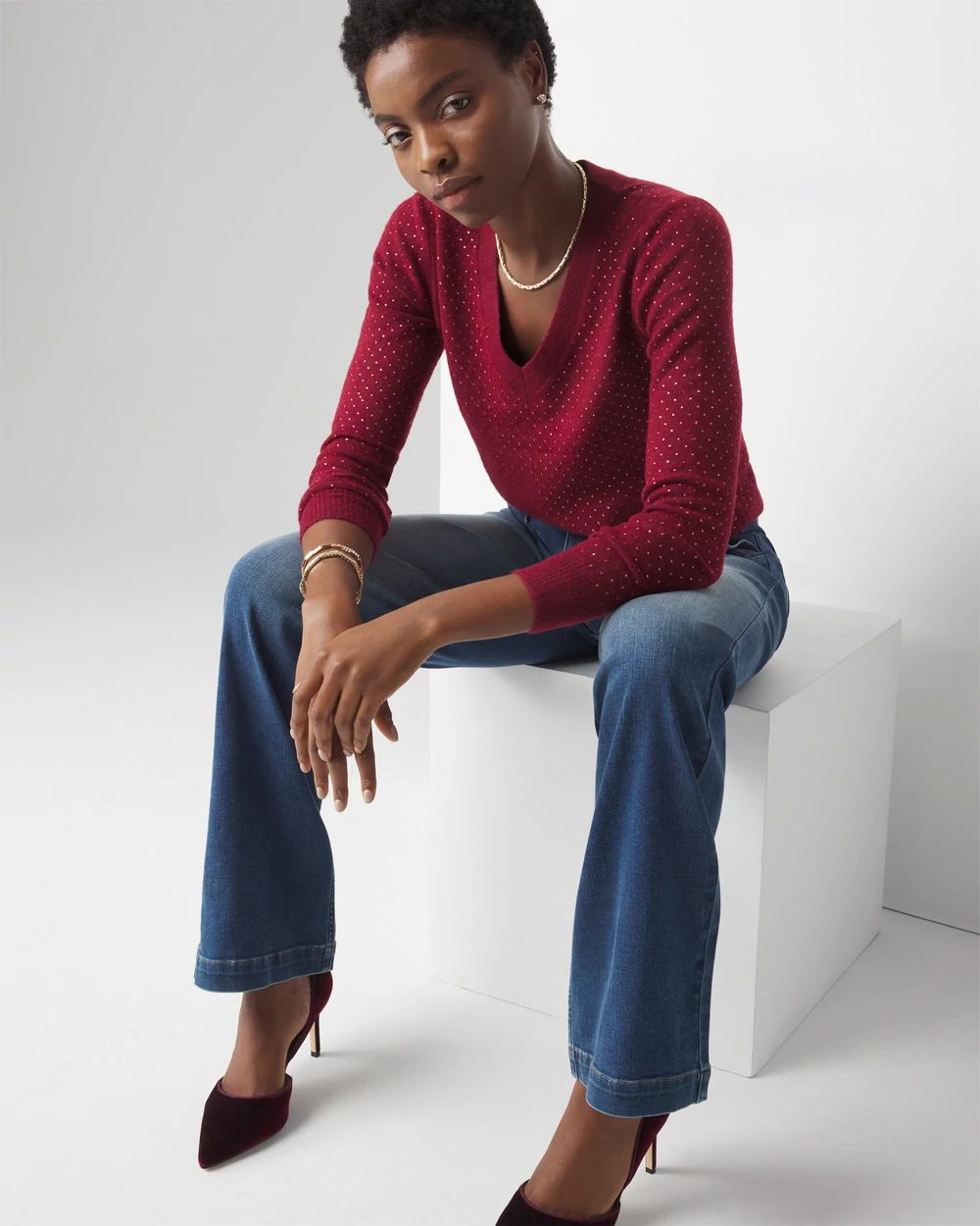 Embellished V Neck Sweater White House Black Market